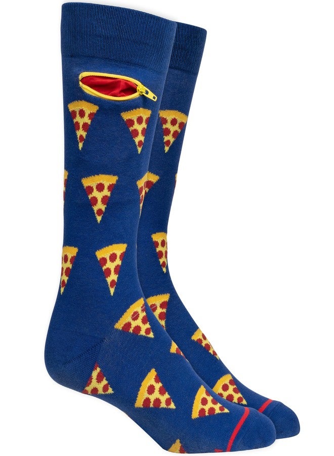 Pocket Socks Fashion Print Crew Socks for Women & Men - Anti Theft Novelty Socks w/Hidden Zipper Stash Spot Pocket for Travel ID, Keys, Cash - Pizza Party - Image 1